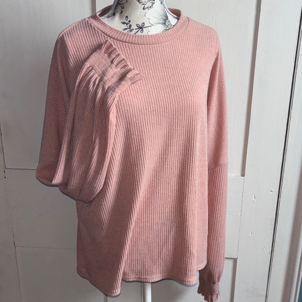Pink Blush Ribbed Long Sleeve Shirt Crewneck Ruffle Cuffs Comfy Cozy